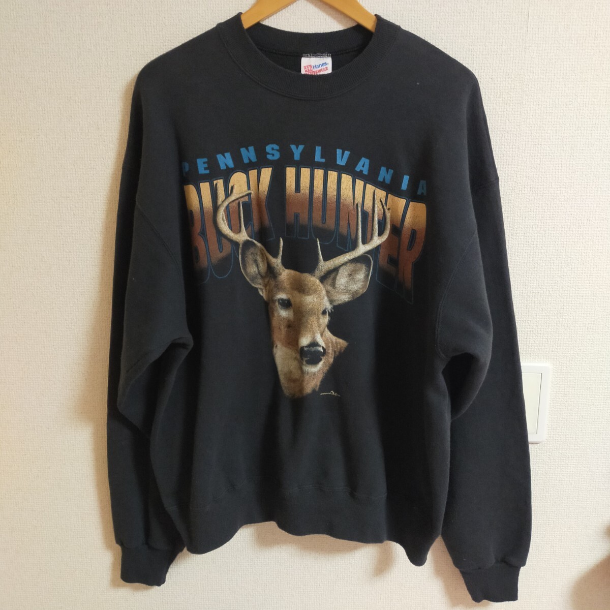 HANES ヘインズ 90s USA製 ヴィンテージ オールド 鹿デザイン クルーネックスウェット トレーナー PENNSYLVANIA BUCK HUNTER XL ブラック