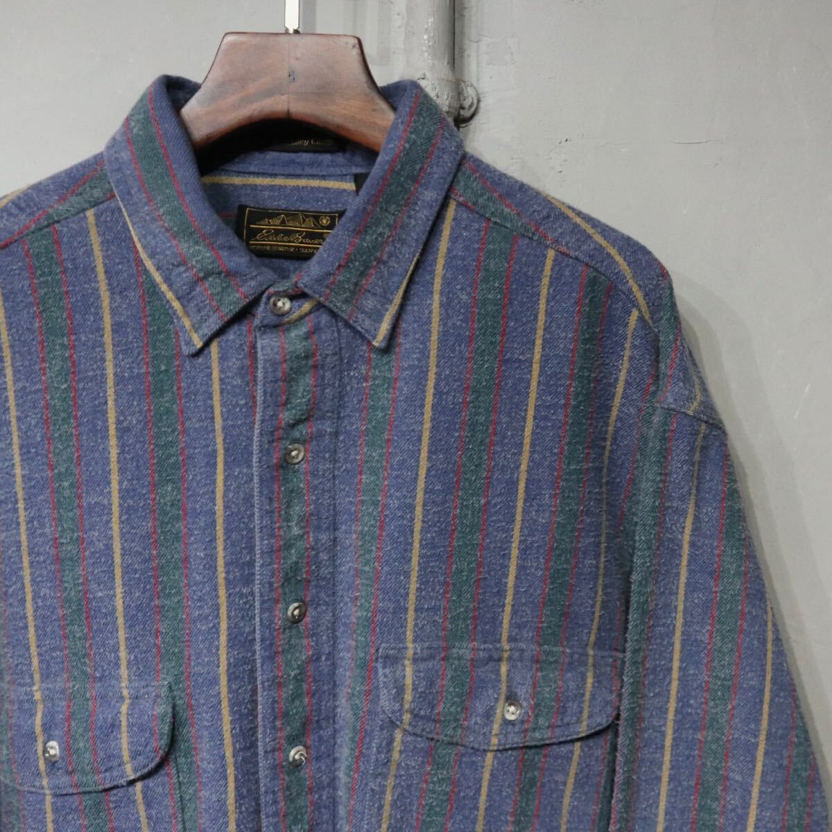 【即決】80s eddie bauer エディーバウアー ヘビーネルシャツ シャモアクロス ストライプ アウトドア 長袖 黒タグ 古着 L