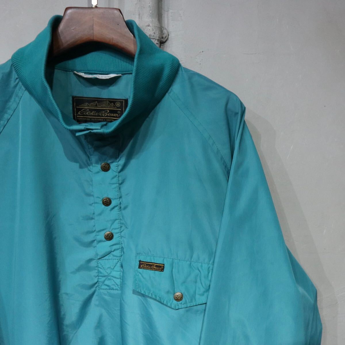 【即決】80s eddie bauer エディーバウアー アノラック プルオーバー ナイロンジャケット ターコイズ ブルー グリーン 黒タグ 古着 XXL