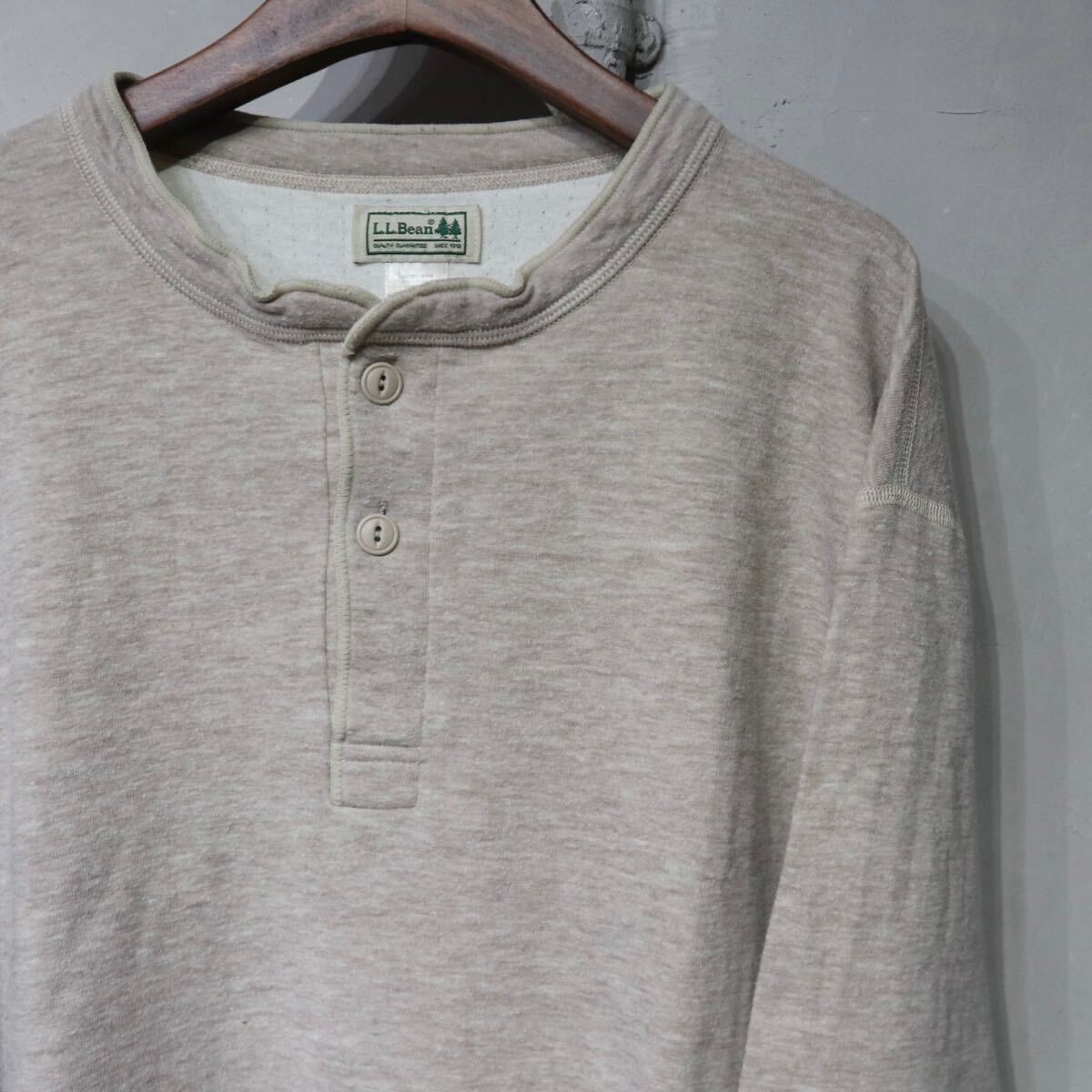 【即決】L.L. Bean エルエルビーン ヘンリーネック カットソー ロンT ウール ベージュ 無地 アウトドア 古着 XL