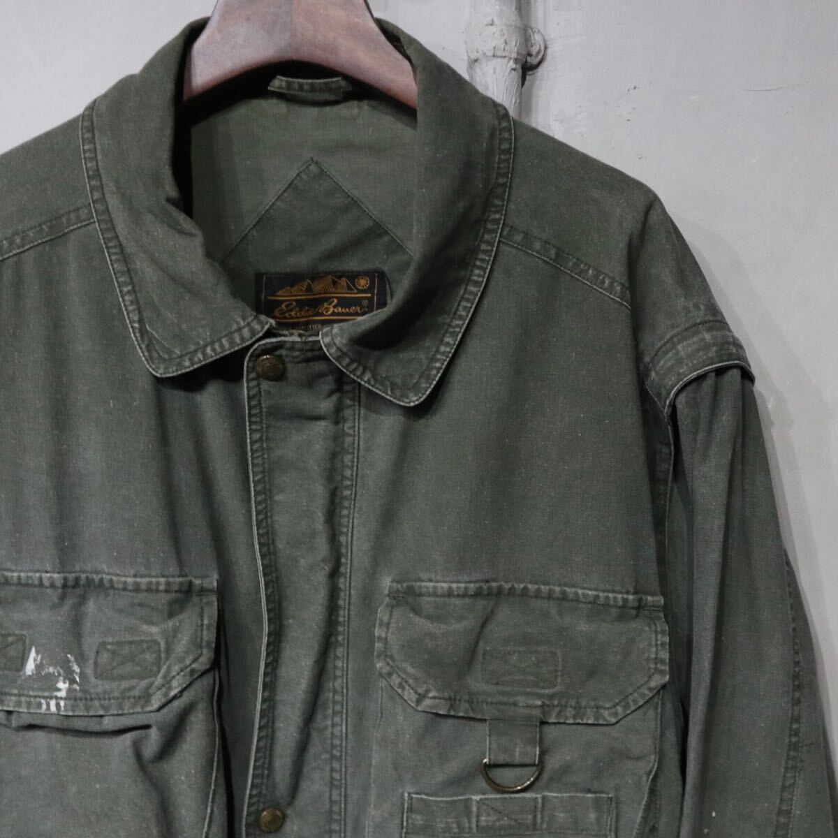 【即決】80s eddie bauer エディーバウアー 2way ジャケット ブルゾン ベスト オリーブ 黒タグ アウトドア 古着 L
