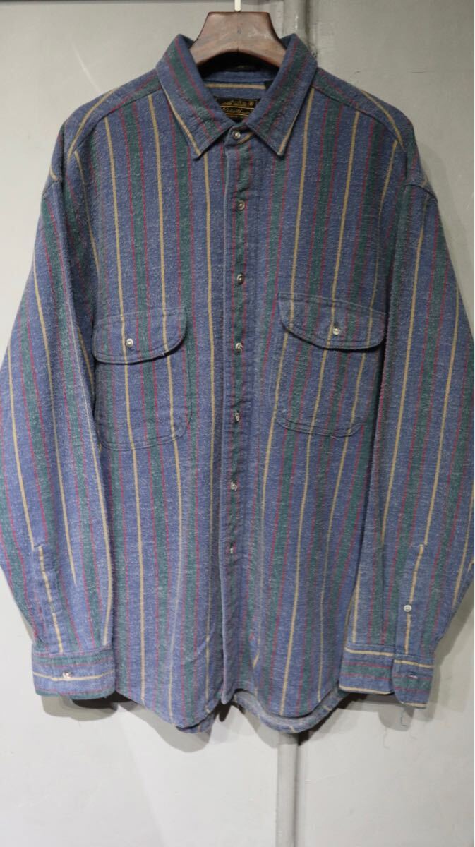 【即決】80s eddie bauer エディーバウアー ヘビーネルシャツ シャモアクロス ストライプ アウトドア 長袖 黒タグ 古著 L
