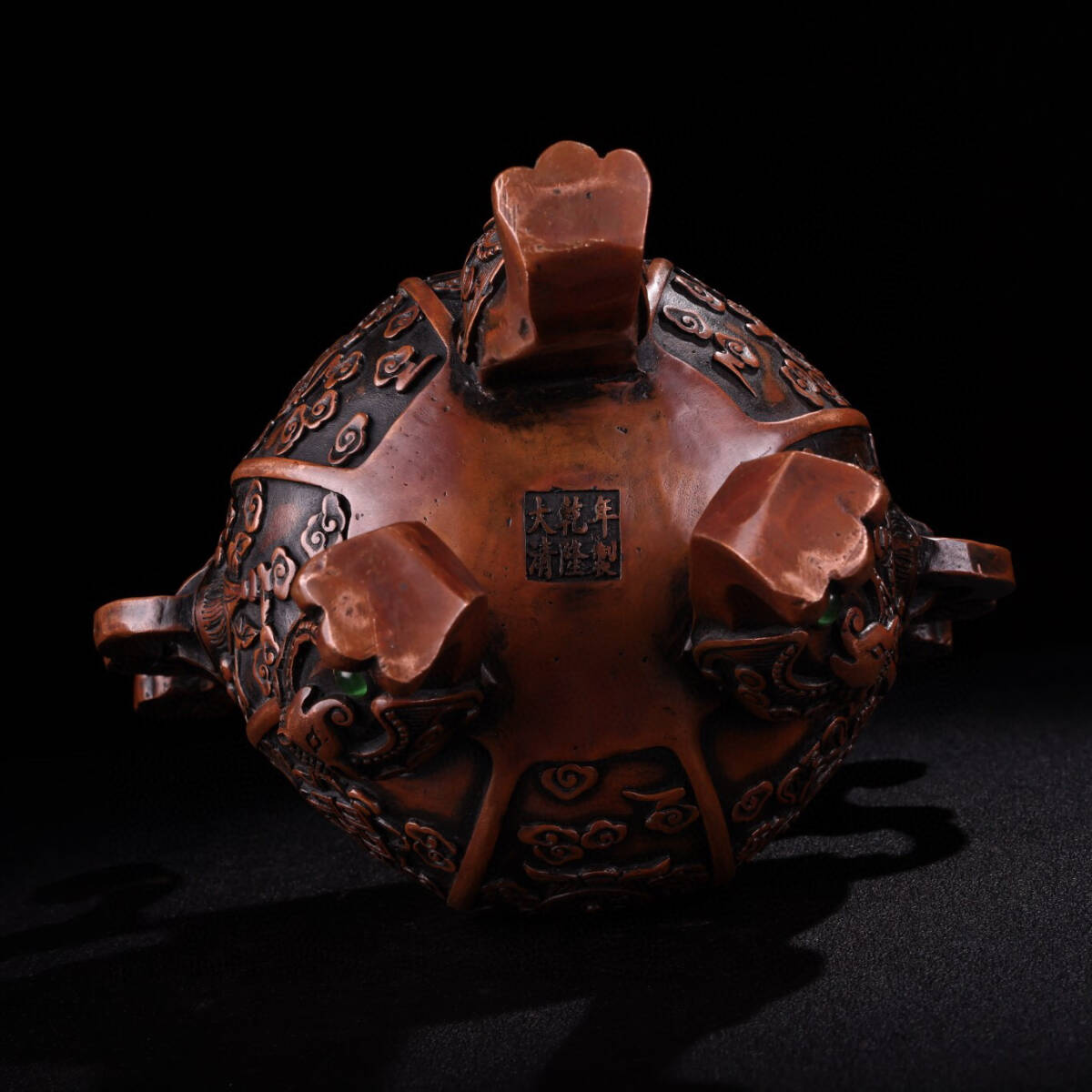 蔵友館蔵品・銅製・寶石嵌・如意雙耳・三足熏香炉】・希少 蔵友館蔵品・銅製・寶石嵌・如意雙耳・三足熏香炉】・希少