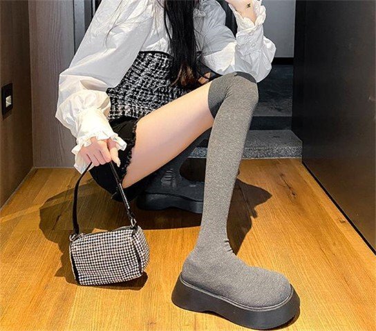  knitted long boots thickness bottom long tube simple casual 36 black 