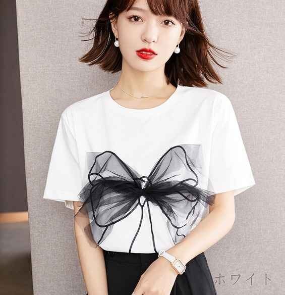  all 2 color short sleeves T-shirt switch bai color body type cover put on .. ribbon attaching [ large size equipped ] sweet series L black 