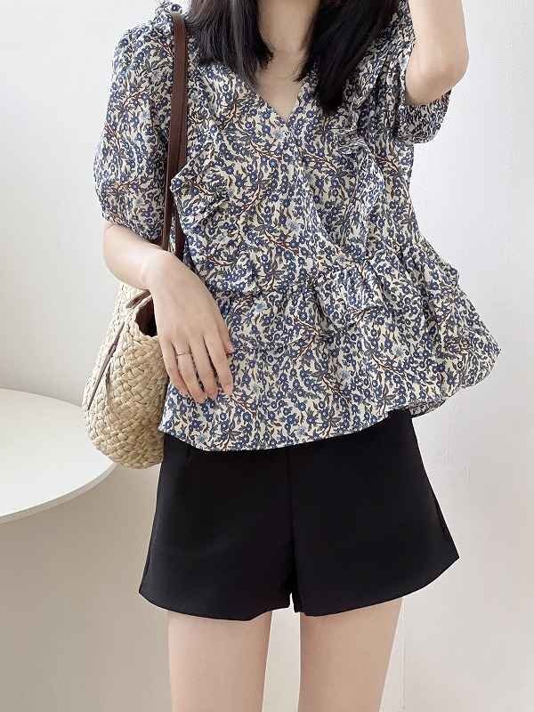  short sleeves shirt blouse V neck frill switch bai color sweet series L one color 