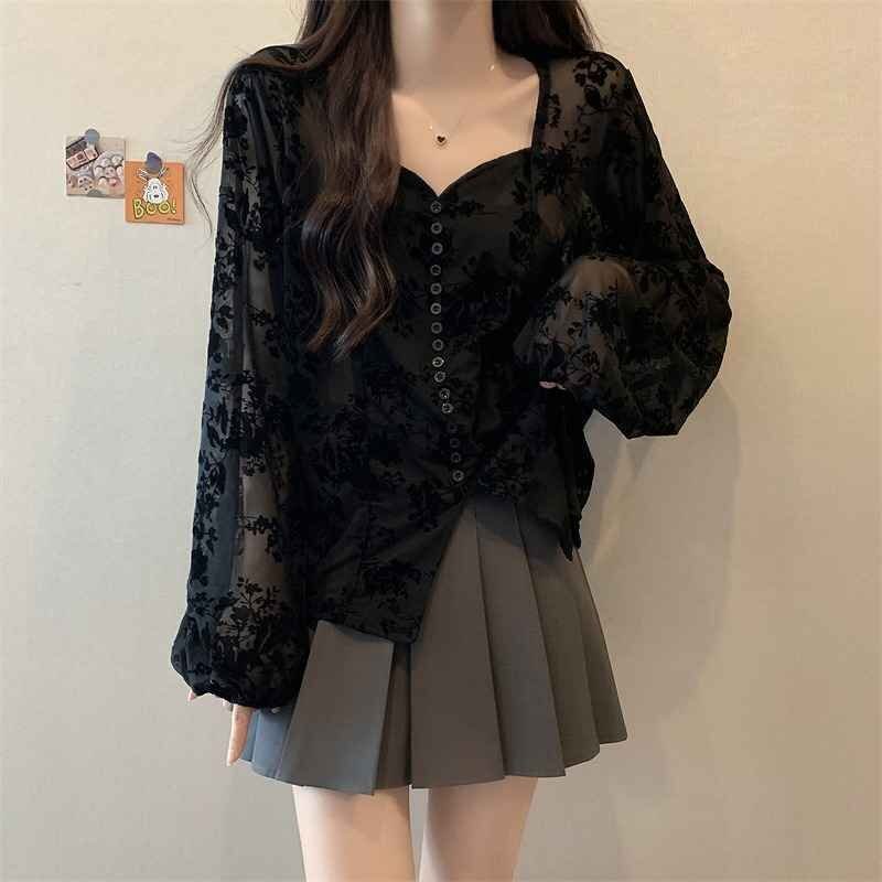  long sleeve shirt long sleeve blouse cut and sewn lovely [ large size equipped ] 2XL black 