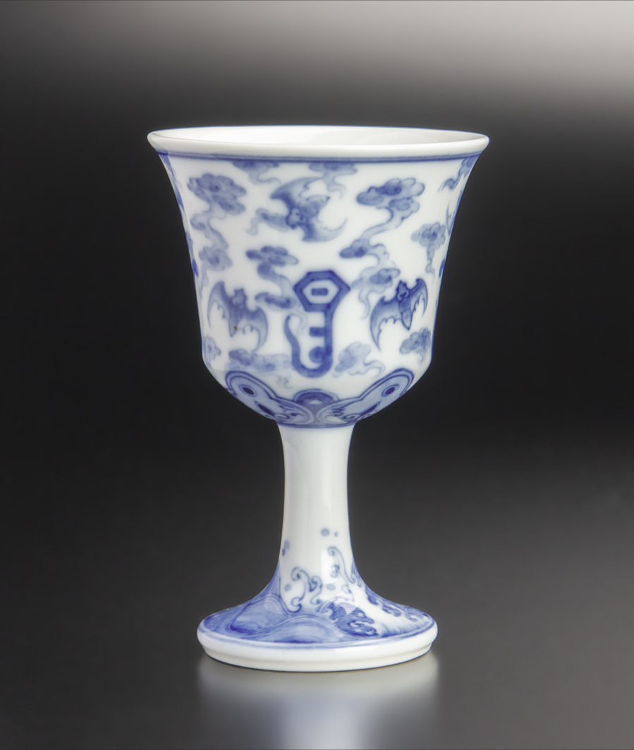 青花高足杯 中藝陶瓷款 中国 古美術_画像1