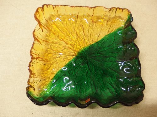 1140123w【KURATA Craft Glass 手づくり ガラスプレート】グリーン×イエロー系 ヒメフォーク5点付 箱入 クラタクラフト/未使用長期保管品_画像2