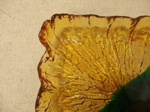 1140123w【KURATA Craft Glass 手づくり ガラスプレート】グリーン×イエロー系 ヒメフォーク5点付 箱入 クラタクラフト/未使用長期保管品_画像3