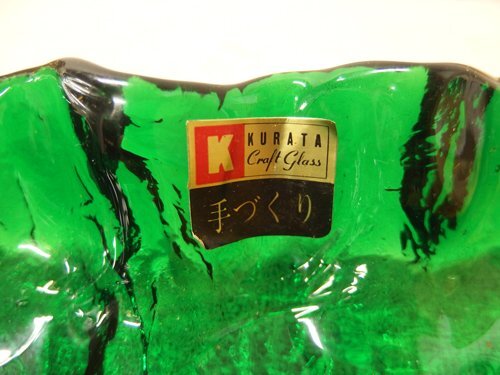 1140123w【KURATA Craft Glass 手づくり ガラスプレート】グリーン×イエロー系 ヒメフォーク5点付 箱入 クラタクラフト/未使用長期保管品_画像5
