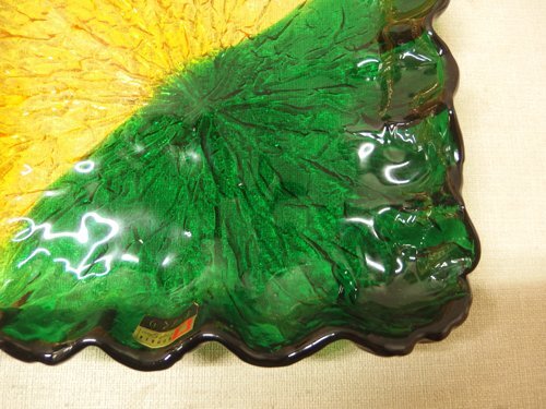 1140123w【KURATA Craft Glass 手づくり ガラスプレート】グリーン×イエロー系 ヒメフォーク5点付 箱入 クラタクラフト/未使用長期保管品_画像4