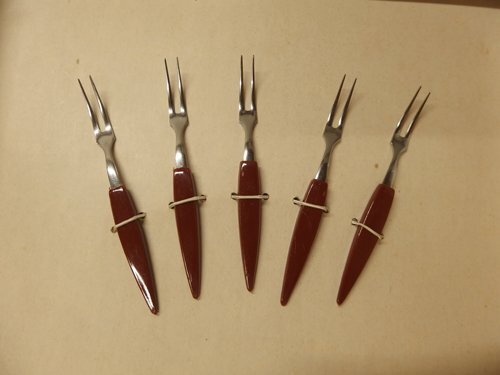 1140123w【KURATA Craft Glass 手づくり ガラスプレート】グリーン×イエロー系 ヒメフォーク5点付 箱入 クラタクラフト/未使用長期保管品_画像7