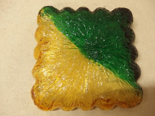 1140123w【KURATA Craft Glass 手づくり ガラスプレート】グリーン×イエロー系 ヒメフォーク5点付 箱入 クラタクラフト/未使用長期保管品_画像6