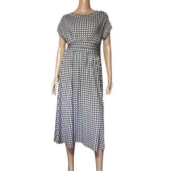 新品同様/ドゥクラッセ Do CLASSE ロングワンピース 表記 L 11号 相当 古着 茶系 ブラウン レディース 春 夏 ジャージ素材 半袖 幾何学柄_画像1