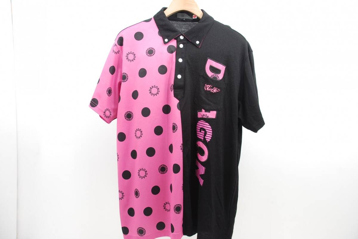 coco 中古 ダンスウィズドラゴン メンズ 半袖ポロシャツ 4(LL) 黒×ピンク ボタンダウン ドット 水玉 レターパックプラス発送可 61551