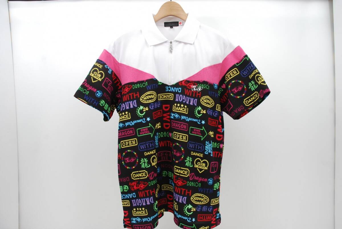 coco 中古 ダンスウィズドラゴン メンズ 半袖ポロシャツ 4(XL) 黒 GINZAプリントZIPポロ ネオンカラー レターパックプラス発送可 64883