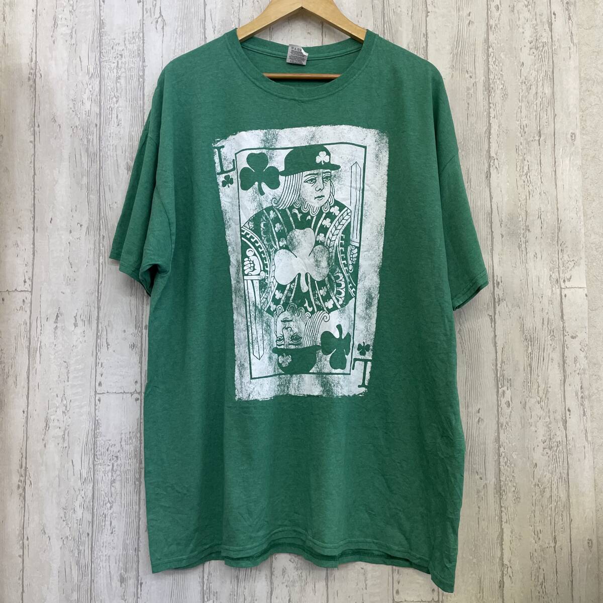 【古着】　FRUIT OF THE LOOM　フルーツオブザルーム　メンズ　Ｔシャツ　半袖　グリーン　緑　2XL　トランプ　プリントTシャツ