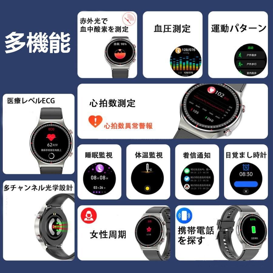 1.28 -inch large screen smart watch high precision heart electro- map heart rate meter medical care Revell average. ECG PPG body temperature blood pressure . middle oxygen waterproof iPhone Android correspondence ( black )