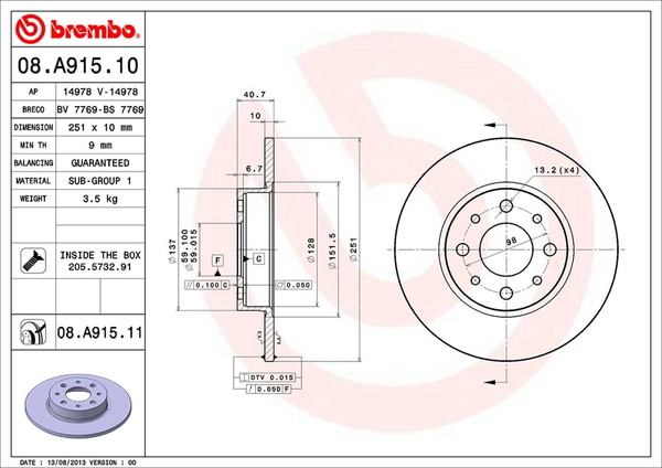 ミト 955141 ブレーキローター リア左右セット ブレンボ ブレーキディスク 08.A915.11 brembo BRAKE DISC リアのみ MiTO ディスクローター