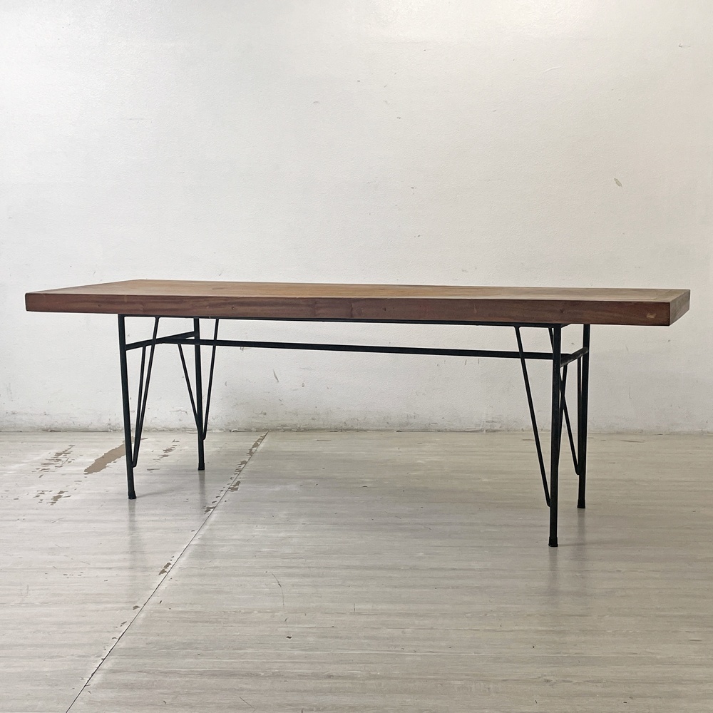 ● インダストリアルデザイン ダイニングテーブル ワークテーブル 作業台 無垢材天板 × スチールレッグ W220cm 店舗什器 リメイク家具