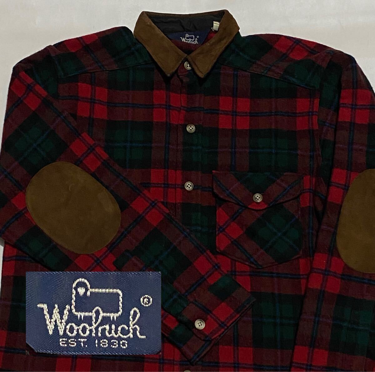 80's Woolrich 紺タグ チェックウールシャツ スウェード切替 USA