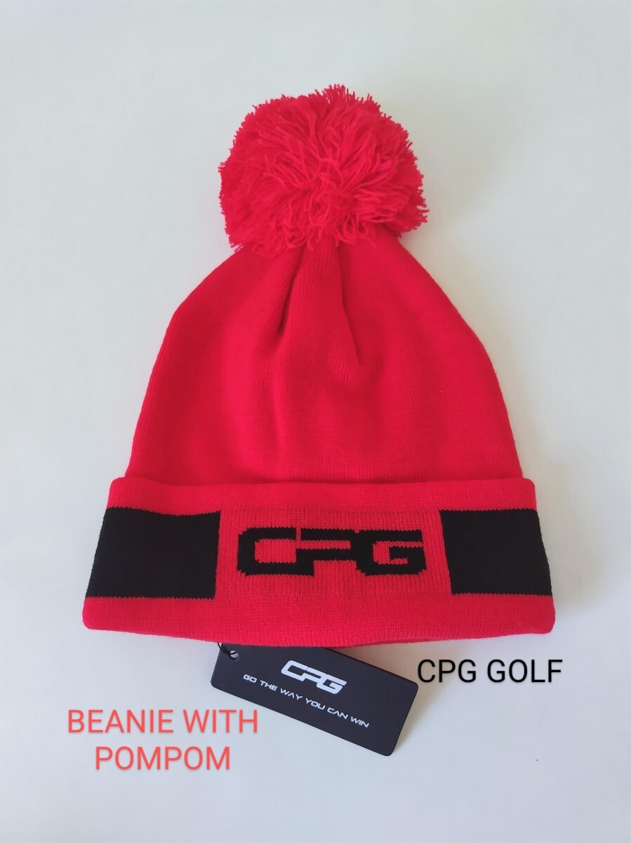 タグ付 CPG GOLF シーピージーゴルフ ポンポン付ニットキャップ ユニセックス Fサイズ レッド 里フリース アクリルニット帽 未使用 新品