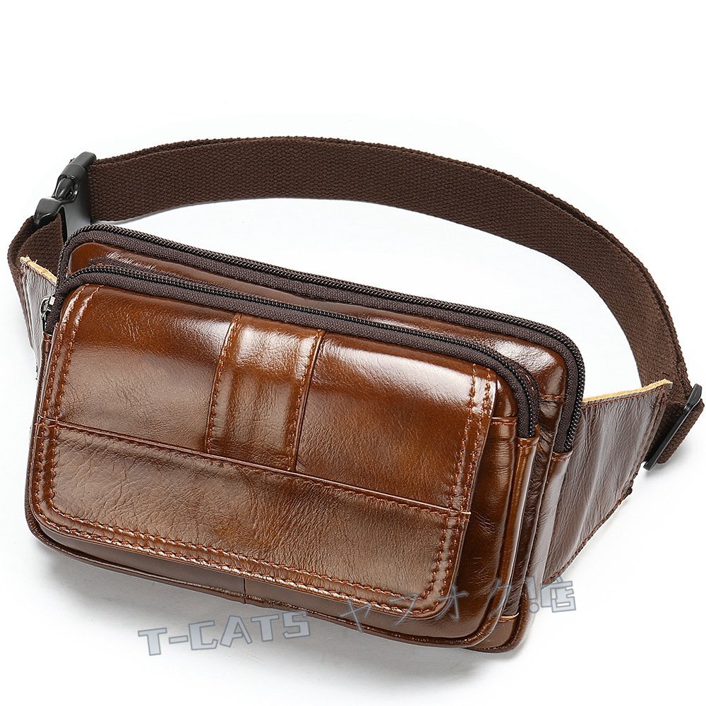 新品☆牛革　本革 ダブルジップ ウエストポーチ ヒップバッグ ボディバッグ ミニショルダーバッグ メンズ 赤ブラウン