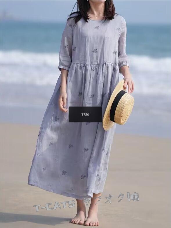 ☆新品上質ワンピースロングワンピース きれいめ 小花柄綿麻大きいサイズ 半袖 涼しい 大人 ミモレ丈ワンピースM サイズ選択可