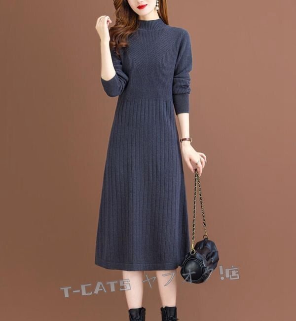 新品☆ワンピース ニット 長袖 40代 きれいめ 膝丈ワンピース カシミヤ混 上品 ニット 結婚式ドレス 通勤 着痩せ ネイビー
