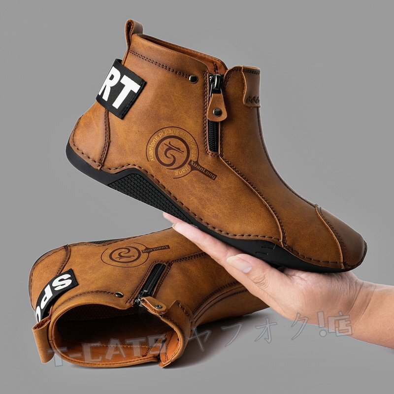 ☆新品 ショートブーツ スリッポン ドライビングシューズ カジュアル マーティンブーツ メンズ 春秋 男性靴 ブラウン 25.5cm