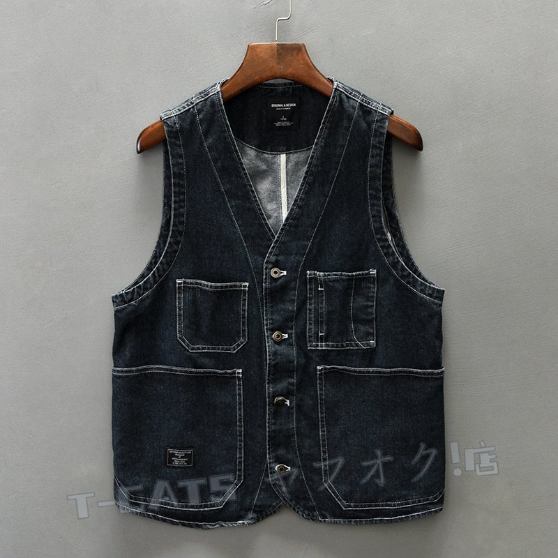 ☆新品 デニムベスト チョッキ ベスト /メンズ ジレベスト 春秋冬 ワンウォッシュ カーゴ ワークスタイル 青灰色 L