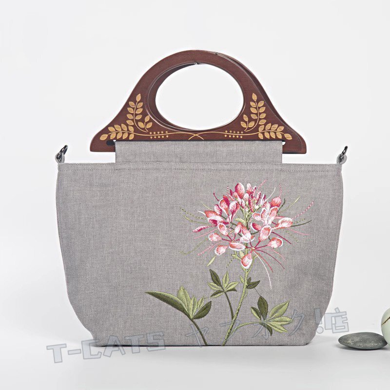 新品刺繍 クレオメの花 トートバッグ ハンドバッグ ショルダーバッグ コットン リネン 彫刻 木制ハンドル 手提げ/肩掛け ハンドメイド