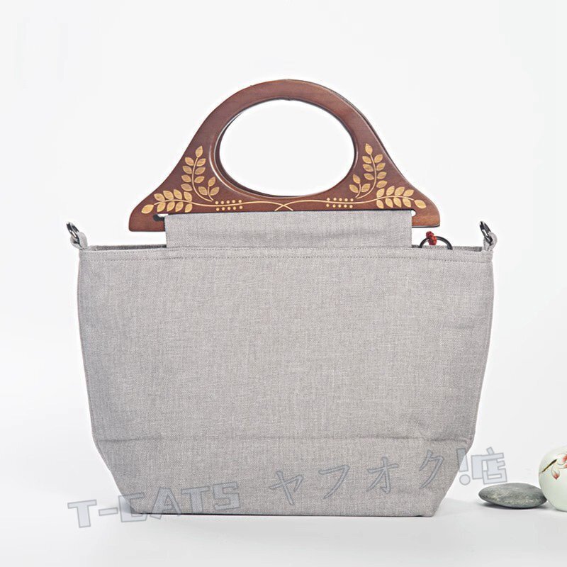 新品刺繍 クレオメの花 トートバッグ ハンドバッグ ショルダーバッグ コットン リネン 彫刻 木制ハンドル 手提げ/肩掛け ハンドメイド