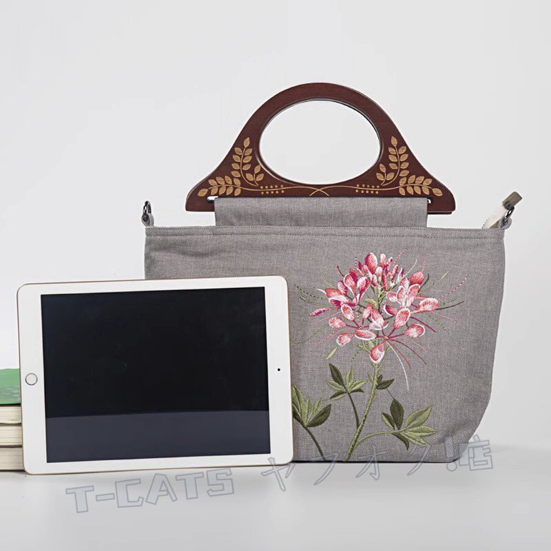 新品刺繍 クレオメの花 トートバッグ ハンドバッグ ショルダーバッグ コットン リネン 彫刻 木制ハンドル 手提げ/肩掛け ハンドメイド