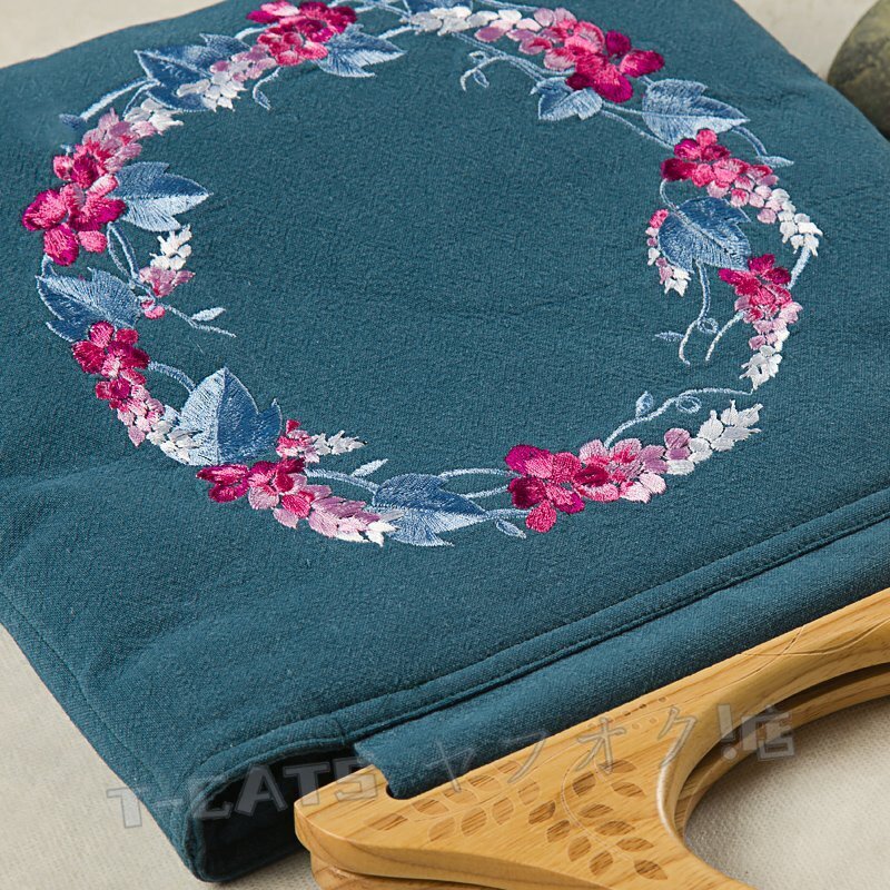 新品綺麗 刺繍 トートバッグ ハンドバッグ 葛花 コットン リネン レディース 彫刻 木制ハンドル 手提げ ハンドメイド 紺