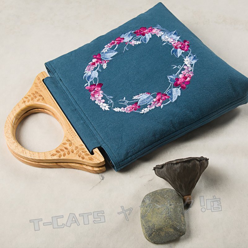 新品綺麗 刺繍 トートバッグ ハンドバッグ 葛花 コットン リネン レディース 彫刻 木制ハンドル 手提げ ハンドメイド 紺
