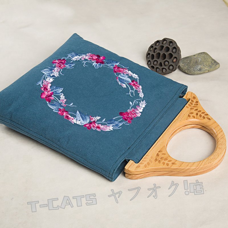 新品綺麗 刺繍 トートバッグ ハンドバッグ 葛花 コットン リネン レディース 彫刻 木制ハンドル 手提げ ハンドメイド 紺