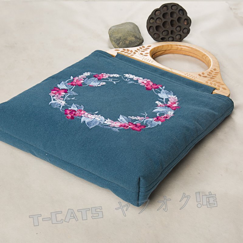 新品綺麗 刺繍 トートバッグ ハンドバッグ 葛花 コットン リネン レディース 彫刻 木制ハンドル 手提げ ハンドメイド 紺