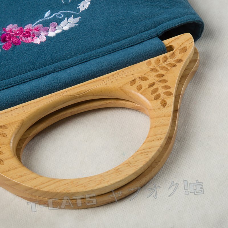 新品綺麗 刺繍 トートバッグ ハンドバッグ 葛花 コットン リネン レディース 彫刻 木制ハンドル 手提げ ハンドメイド 紺