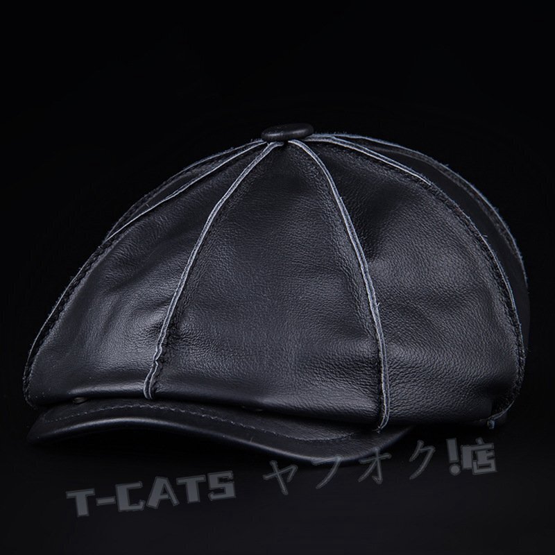 新品レトロ ベレー帽 レザーハンチング帽 本革 牛革 キャスケット 帽子 ハット 秋冬向け メンズ 57~58CM ブラック