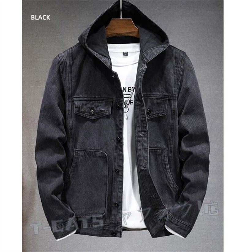☆新品 デニムジャケット ?メンズ ジージャン ジャンパー バイクジャケット 作業服 フード付き パーカー クロ L