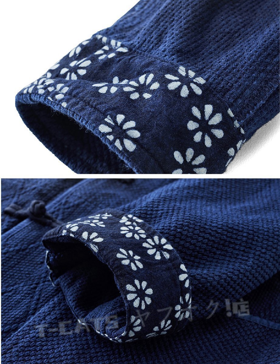 新品レトロ 藍染 17oz 刺し子 天然インディゴ ワークジャケット sashiko indigo ボタン ループ ブレザー 綿100% 厚手 濃紺 XL