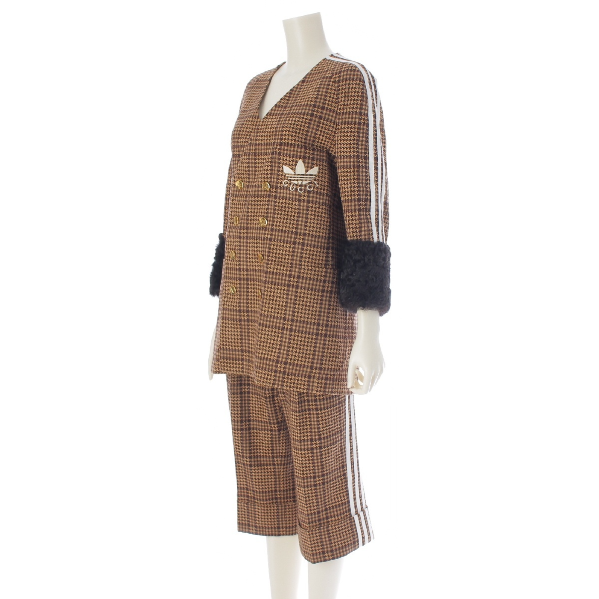 グッチ アディダス Prince Of Wales ロゴ ダブルジャケット パンツセットアップ ブラウン 38【中古】