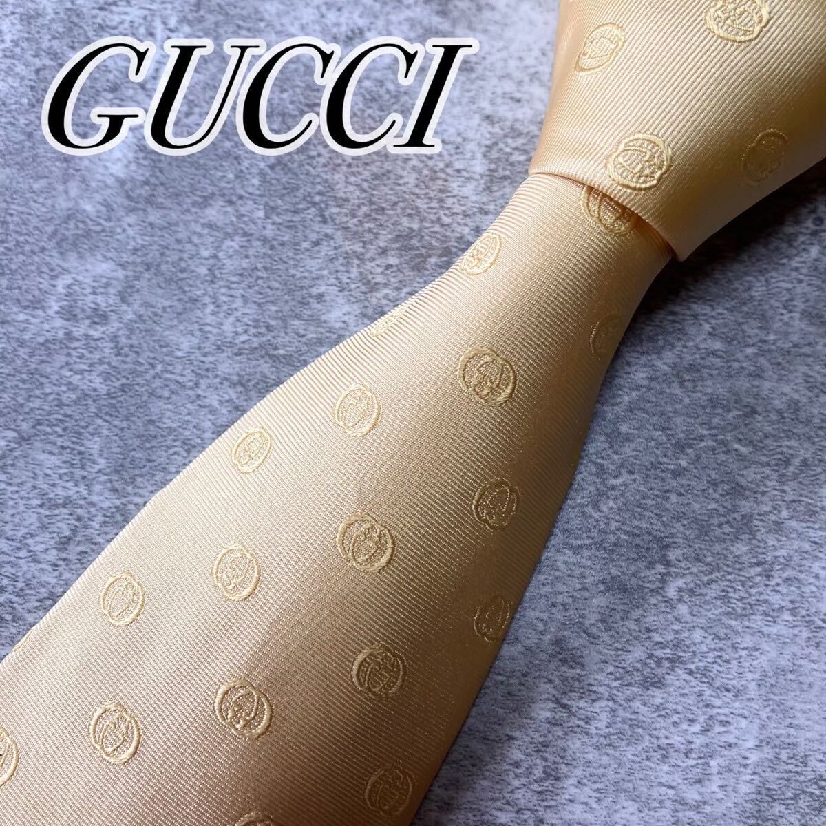 グッチ 高級シルクネクタイ 総柄（インターロッキング） イエロー 未使用級】 GUCCI グッチ ネクタイ シルク インターロッキング