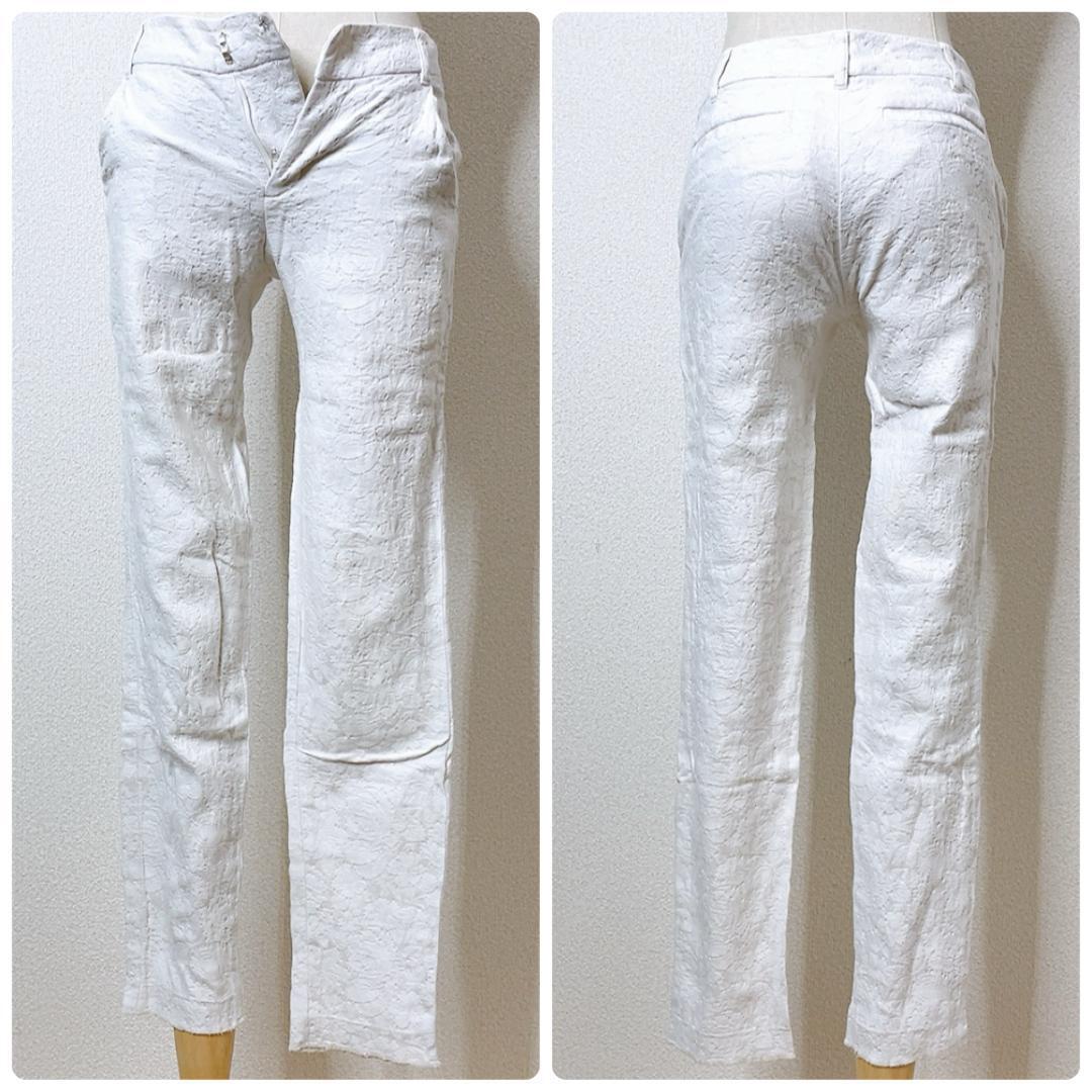 【美品】Apuweiser-riche アプワイザーリッシェ フェミニン ストレッチ 上品 花柄カジュアルパンツ ジャガード 高級感 ホワイト ら19