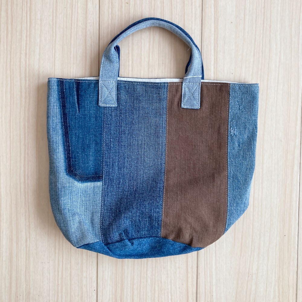 K-14 デニムバケツバッグ パッチワーク ミニトートバッグ リメイク デニムバッグ Bag ハンドメイド キャンバス