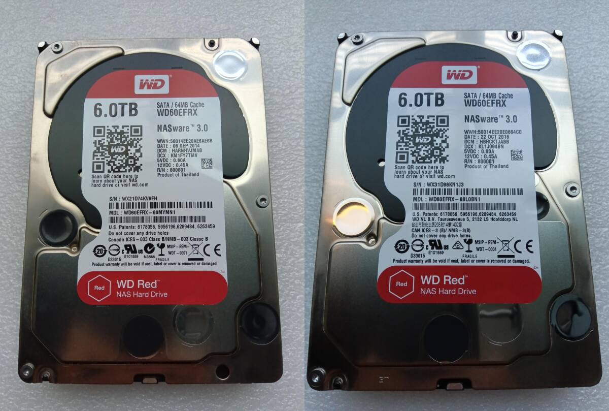 WD Red HDD 6TB x2（計12TB） Western Digital Red WD60EFRX ※22513時間、22788時間