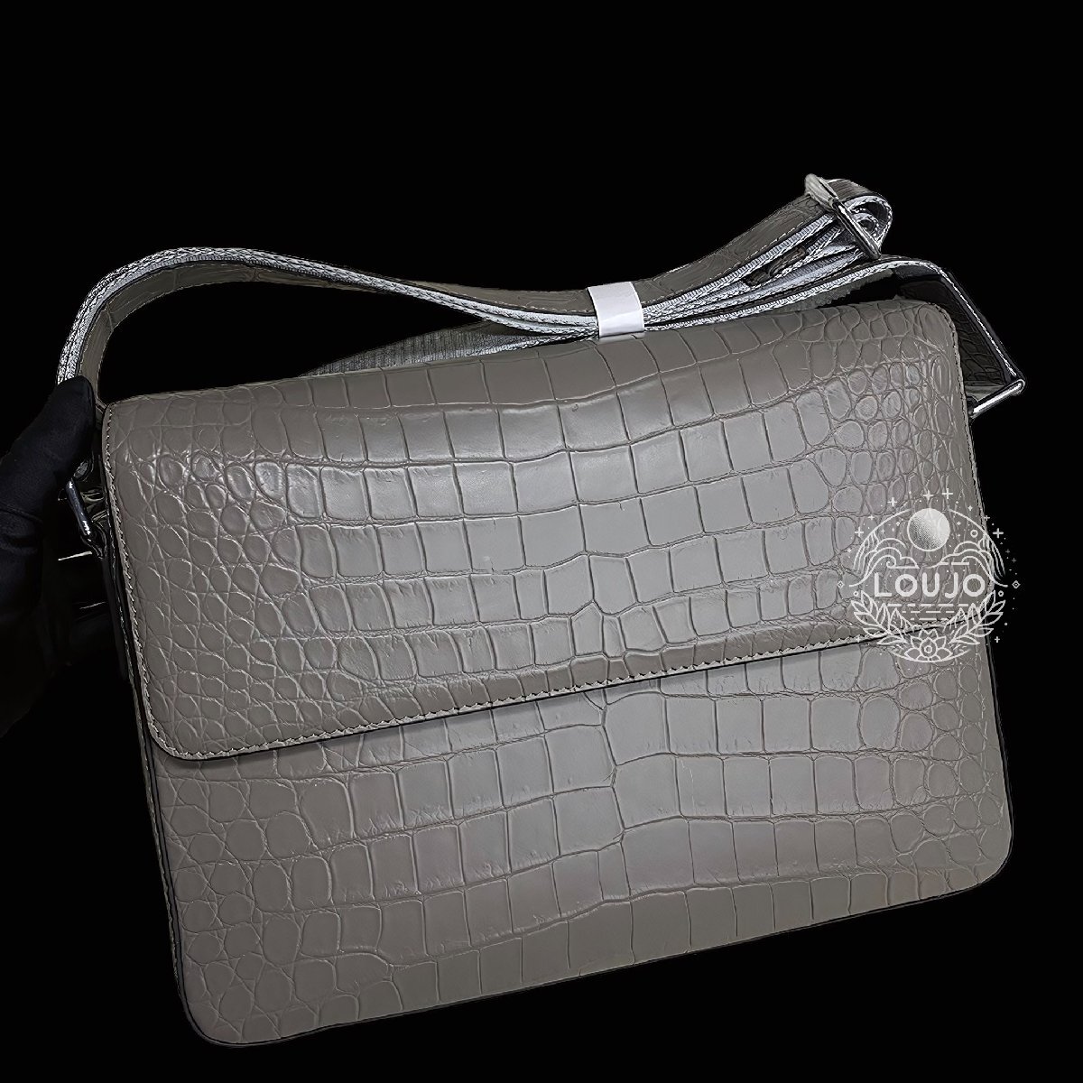  top class crocodile . leather body diagonal .. business original leather men's shoulder bag gray 