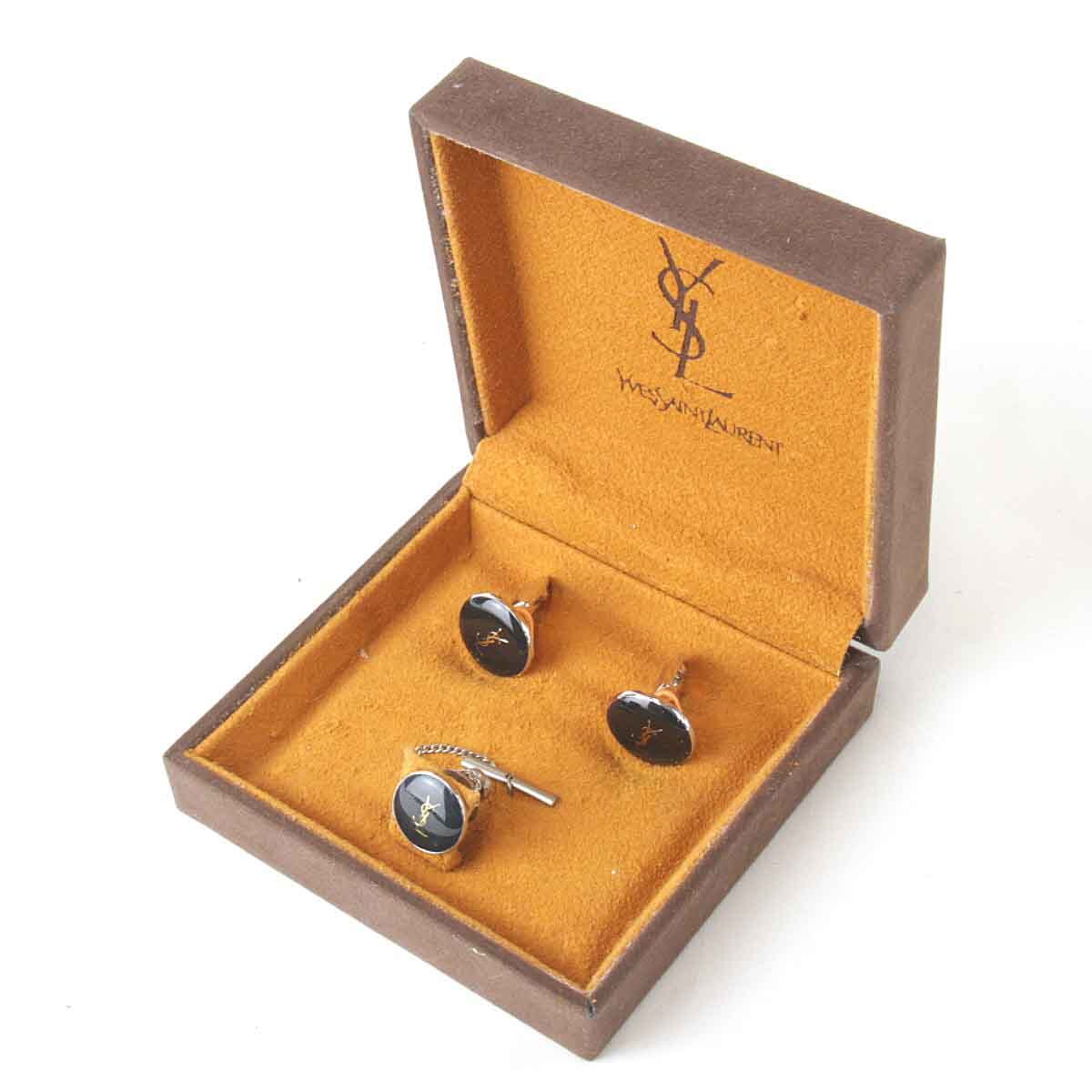 良品『USED』 YVES SAINT LAURENT イヴ・サンローラン カフス/タイピン セット カフス ブラック×シルバー メタル